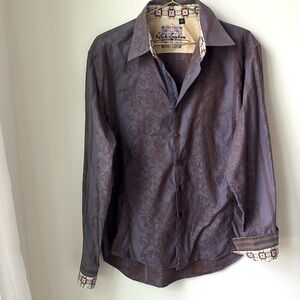 Robert Graham Paisley Purple Flip Cuff Shirt Embroidered Eclectic Work Size L